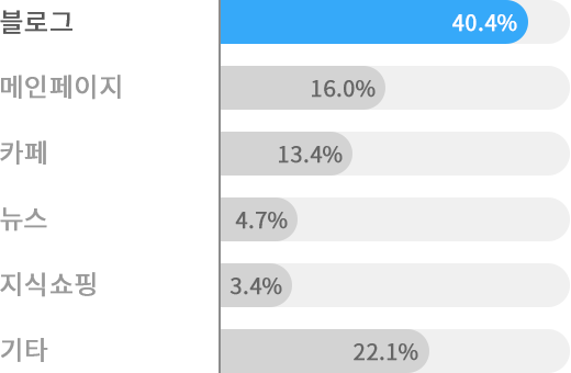 블로그:40.4%, 메인페이지:16.0%, 카페:13.4%, 뉴스:4.7%, 지식쇼핑:3.4%, 기타:22.1%